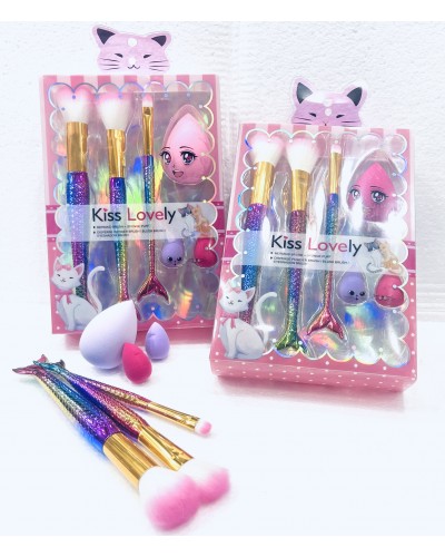 SET BROCHA COLA SIRENA CON ESPONJA KISS LOVELY 6PCS